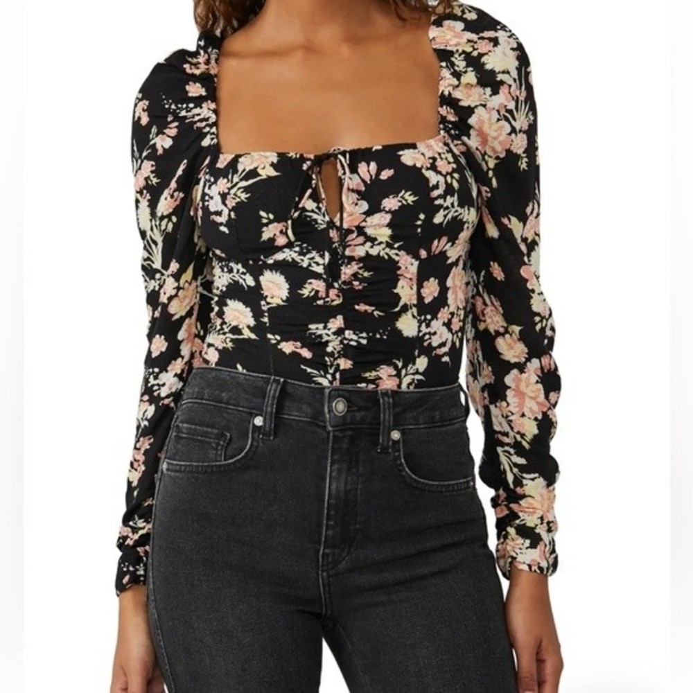 Free People Hilary Print Keyhole Neck Top L Blacl Combo